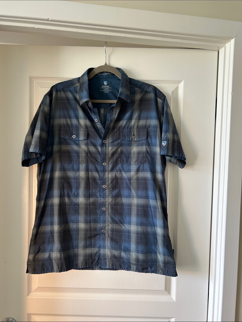 Kuhl Men's Navy and Gray Plaid Short-Sleeve Button-Down Shirt